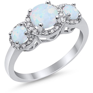 Three Stone Lab Created White Opal Wedding Ring 925 Sterling Silver